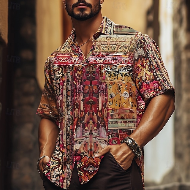  Men's Indian Boho Ethnic Shirt Summer Hawaiian Shirt Button Up Shirt Short Sleeve Hawaiian Vacation Holiday Beach Wear Summer Spring Turndown 3D Print Collared Shirts Red
