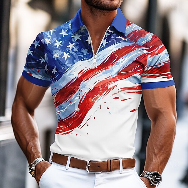 Independence Day Men's American US Flag Zip Polo Short Sleeve Turndown Casual / Sporty Casual Daily Festival Zipper 3D Print Summer Robin's Egg Blue4