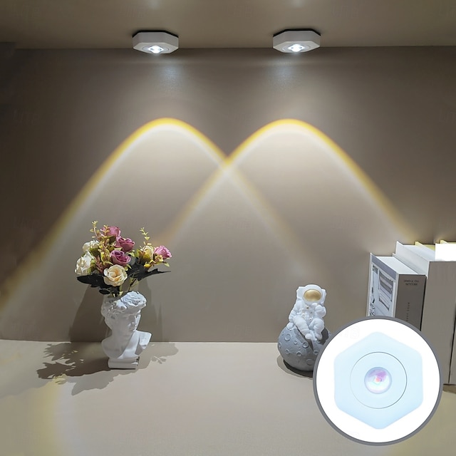  Sekskantet katteøye-vegglampe, skaplamper, solnedgangslampe, projektor, solnedgangslys, batteridrevet, berøringslys, kranlys, av/på, selvklebende lys, for bokhylle, spiskammers, hjem og soveromsdekor