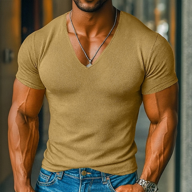  Men's T Shirt Knit Tee Tee Top Short Sleeve V Neck Summer Solid Color Fashion Designer Basic Knitted Vacation Street Casual Light Blue Yellow Beige Top Tee for Men