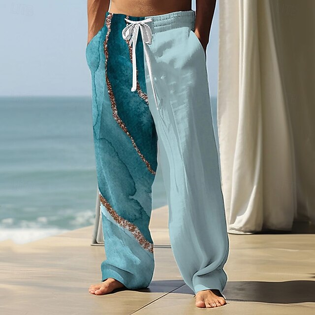 Men's Waves Abstract Marble Trousers Baggy Pants Casual Pants Mid Waist Casual Outdoor Vacation Side Pockets Wide Leg Elastic Drawstring Waist Summer Spring 3D Print Blue4