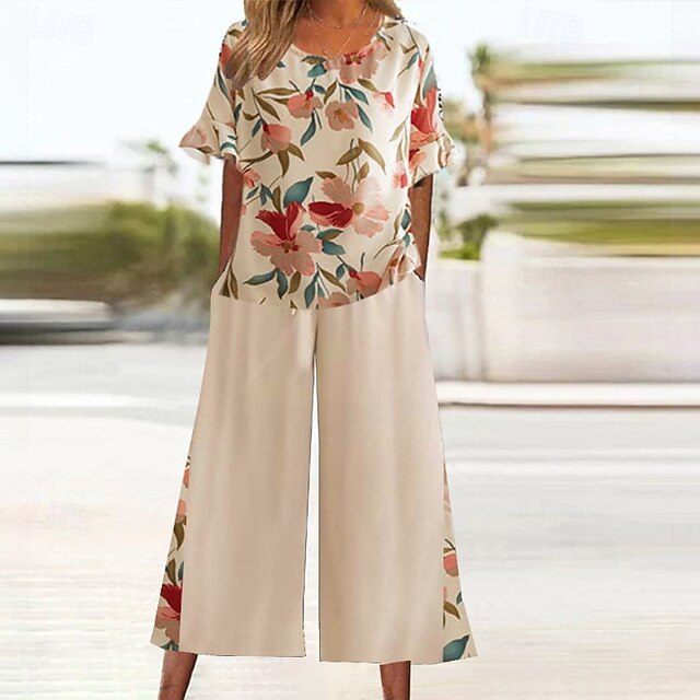 Women's Active Blouse Pants Sets Short Sleeve Crew Neck Floral Print Holiday Casual Daily Black Khaki Summer Regular Fit4