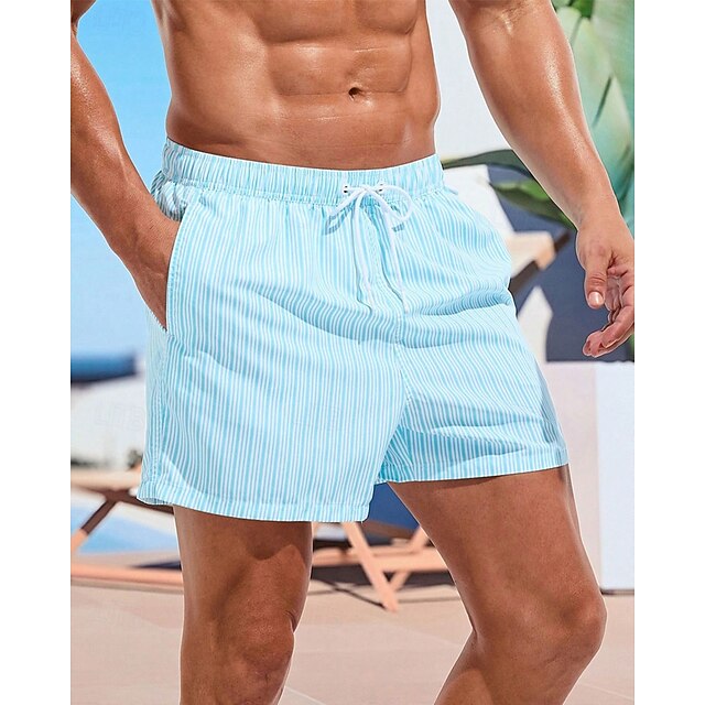 Men's Swim Shorts Board Shorts Swim Trunks Stripes Quick dry Breathable Drawstring Elastic Waist Vacation Beach Hawaiian Casual Light Blue4
