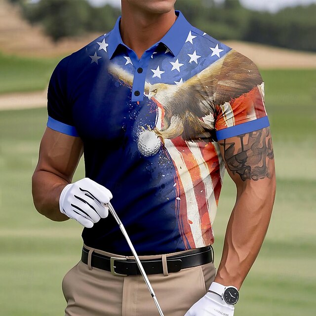 American Independence Day Men's American US Flag Polo Short Sleeve Polo Shirts Collared Shirts Casual Outdoor Sports Daily Wear 3D Print Summer Blue4