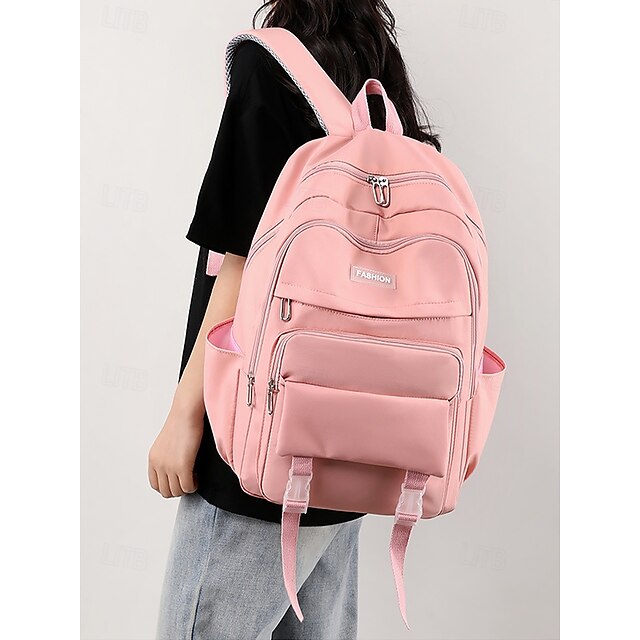  Mochila de nylon impermeável cor macaroon da moda feminina, grande capacidade, vários compartimentos, design durável, alças ajustáveis, adequada para escola, faculdade e uso diário
