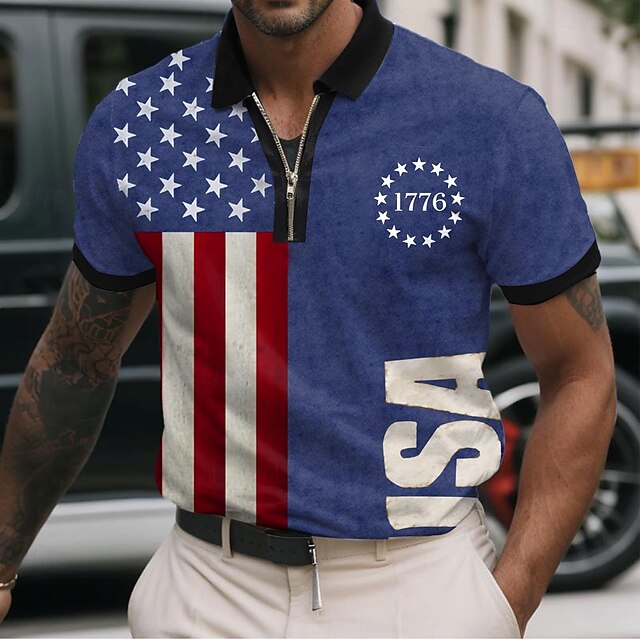 Independence Day Men's American US Flag Zip Polo Short Sleeve Polo Shirts Turndown Casual Daily Casual Zip Up 3D Print Summer Blue4