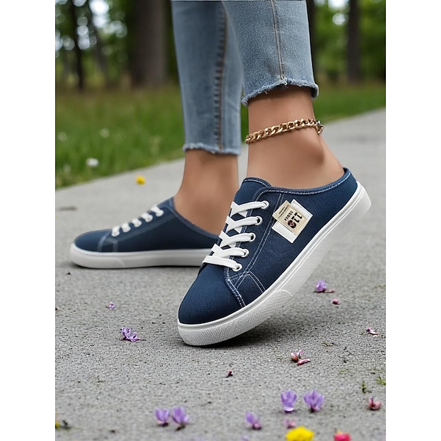  Women's Green Canvas Slip-On Sneakers with Lace-Up Design – Comfortable Backless Trainers, Ideal for Walking, Shopping, School Runs & Casual Summer Days