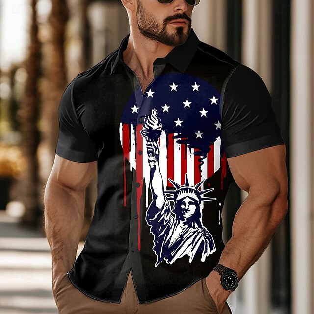 Independence Day Men's American US Flag Statue Of Liberty Patriotic Shirt Summer Shirt Button Up Shirt Short Sleeve Fashion Casual Outdoor Holiday Summer Spring Turndown 3D Print Collared Shirts Black4