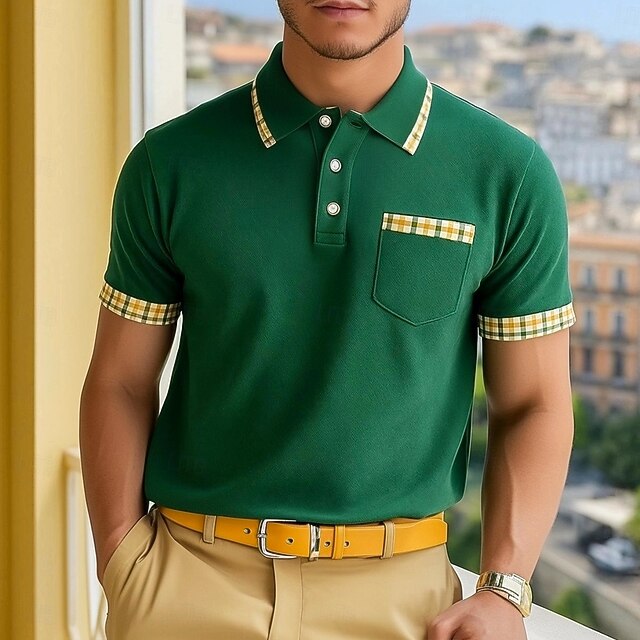 Men's Polo Golf Shirt Vacation Casual Lapel Short Sleeve Fashion Muscle Plaid Patchwork Pocket Summer Spring Green Polo4