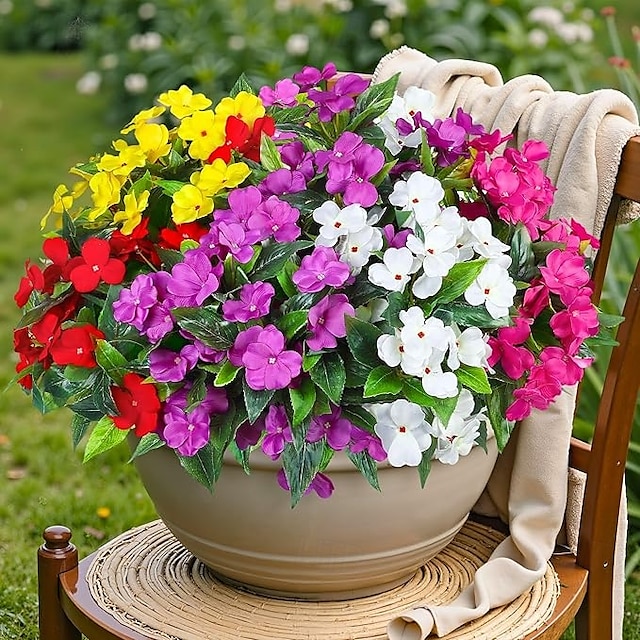  Lot de 6 bouquets de fleurs artificielles d'impatiens pour décoration extérieure, bouquet de fleurs en soie, fausses plantes résistantes aux UV pour jardin, véranda, jardinière, balcon, décoration
