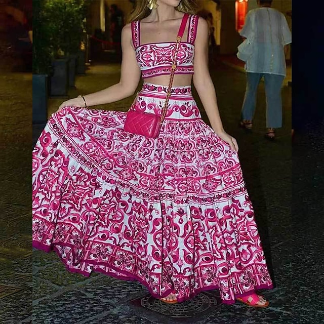  Femmes Jupe Évasé Bohème Mode Boho Maxi Taille Basse Jupes Fleuri Imprimé Micro-Élastique Vacances Rue Bleu Rose rouge Été Polyester