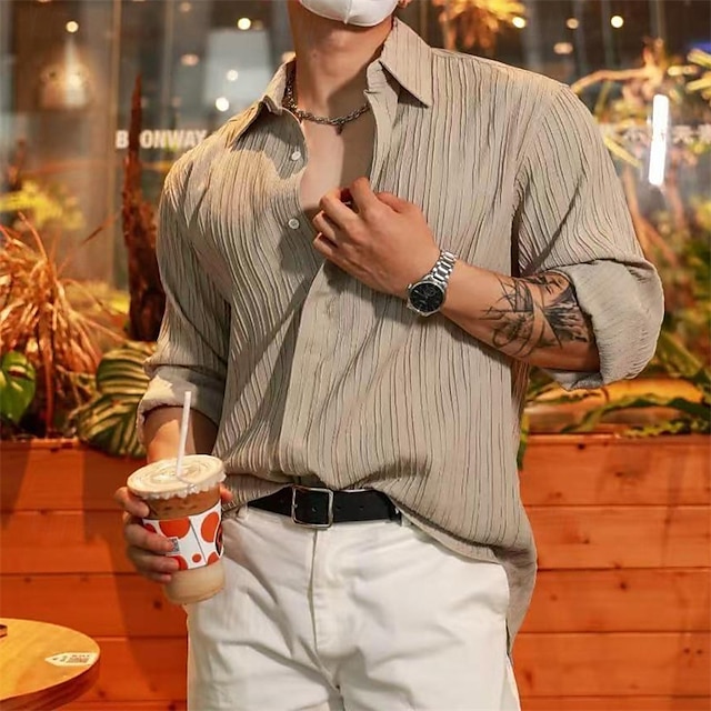  Herren Hemd Sommerhemd Freizeithemd Strandhemd Knopfhemd Schwarz Weiß Aprikose Langarm Einfach Revers Urlaub Hawaiianisch Jacquard Bekleidung Polyester Mode Lässig Bequem