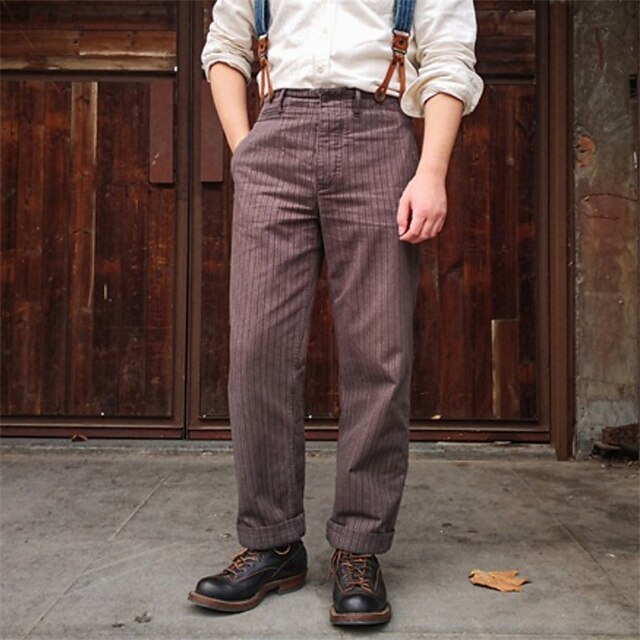 Men's Dress Pants Trousers Chinos Buttons Pocket Striped Comfort Formal Party Work Fashion Classic Style Brown Micro-elastic4