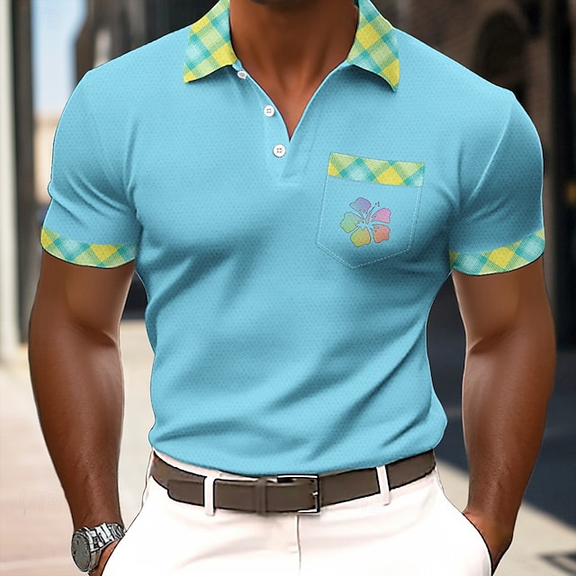  Voor heren Grafisch Wafel Poloshirts Korte mouw Poloshirt Overhemden met kraag Zakelijk informeel liiketoiminta Alledaagse kleding Knop Zak 3D-afdrukken Zomer Geel blauw Groen
