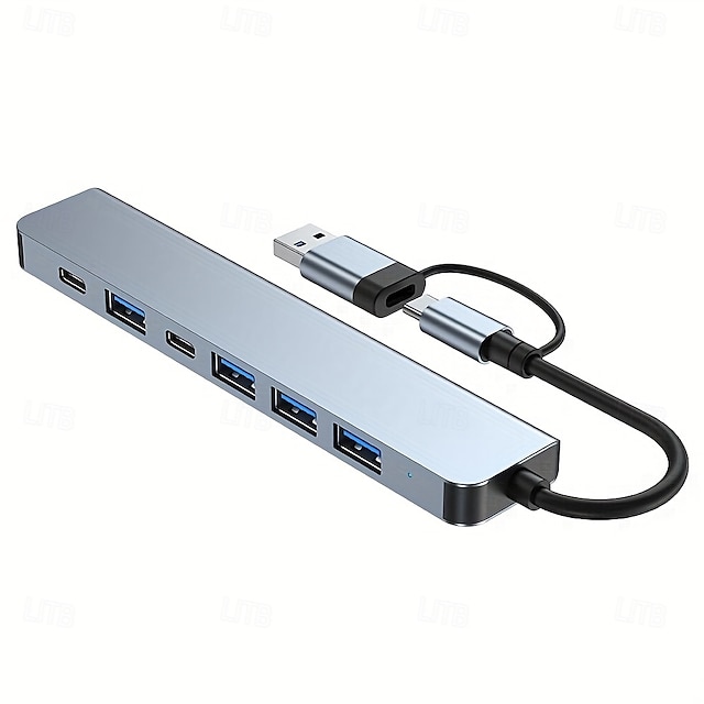  7-i-1 multiportadapter USB C + USB 3.0 hub-splitter med typ-C PD, 5 USB-portar, OTG-kompatibel, för Macbook, PC, surfplatta, PS4