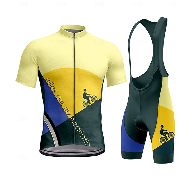 Men's Cycling Jersey with Bib Shorts Short Sleeve Yellow Bike Sports Graphic Geometric Letter & Number Clothing Apparel4