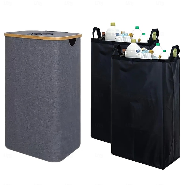  kosz na śmieci do kuchni i domu, 100l kosz na pranie z 2 wyjmowanymi wewnętrznymi workami, bambusowa rama, tkanina Oxford, samozamykający się górny otwór, boczna kieszeń, organizer na butelki,