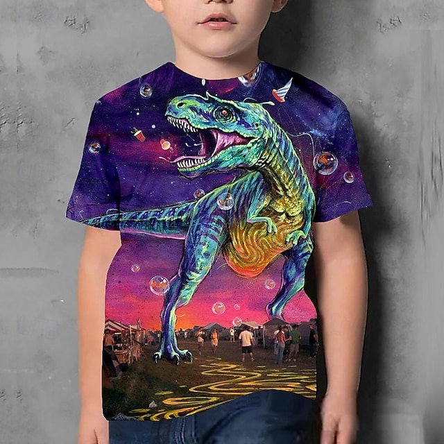  Drenge 3D Dinosaurus T-shirt Kortærmet Sommer Forår Mode Basale Børn 4-12 år Rund hals udendørs Afslappet Daglig Regulær