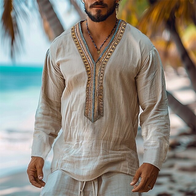 Men's Shirt Linen Shirt Popover Shirt Summer Shirt Beach Wear Beach Shirt Solid Color Vacation Holiday Beige Long Sleeve Stand Collar Summer Spring Clothing Apparel3