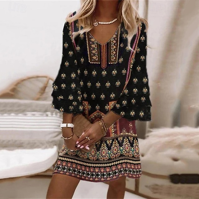  Pentru femei Rochie Mini Rochie casual Rochie de vară Rochie Boho Modă În aer liber Petrecere Concediu Fit regulat Floare Manșon Lung În V Negru Vară Primăvară