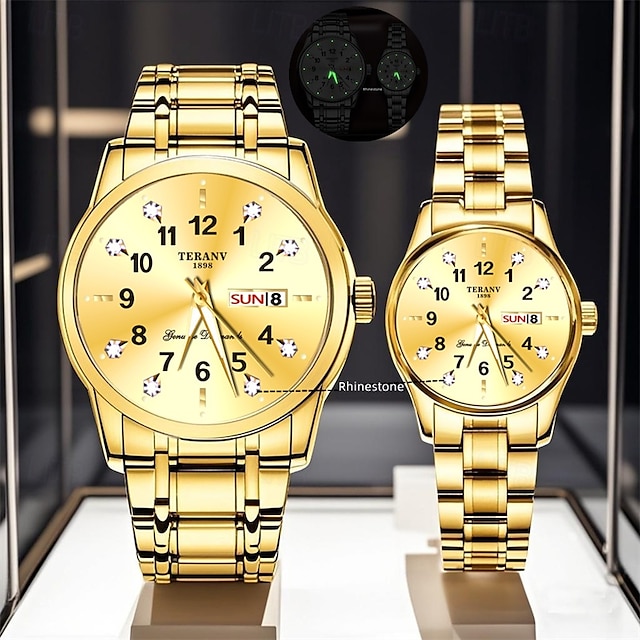  Conjunto de relógio de quartzo para casal, 2 peças – mostrador digital redondo, à prova d'água ipx7, ponteiros luminosos, calendário duplo (data e dia), pulseira de liga, estilo empresarial unissex, ideal para encontros e presentes