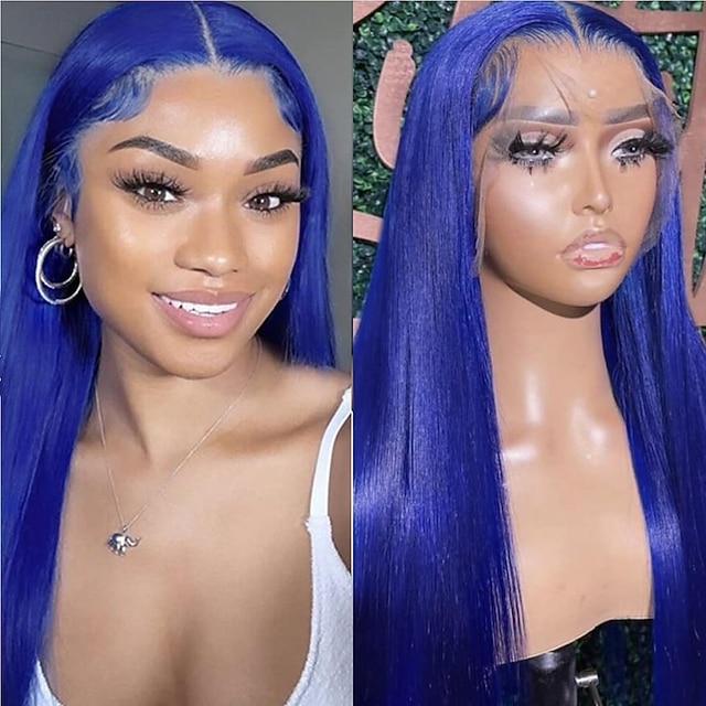  Parrucca frontale in pizzo blu 13x4 con capelli umani, parrucca frontale trasparente con capelli lisci, densità 150%