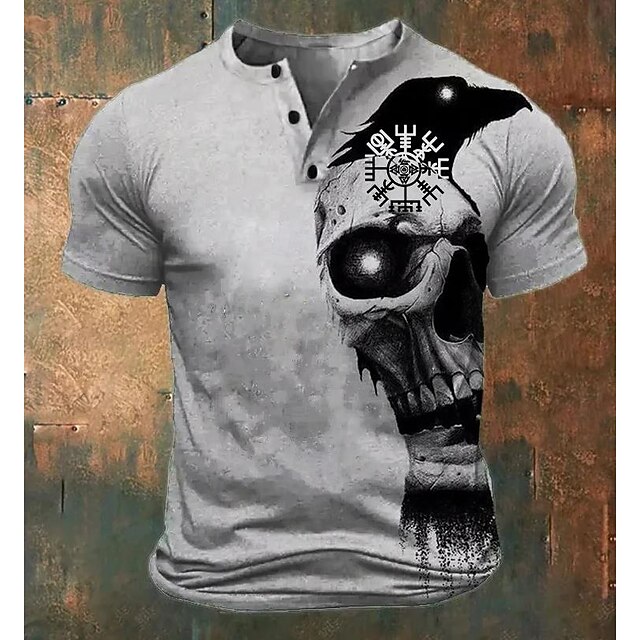 Men's Halloween Cool Skulls T Shirt Henley Shirt Short Sleeve Designer Retro Vintage Casual Street Casual Daily Summer Spring All Seasons Gray Henley Henley T-Shirt2