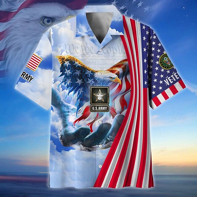Men's Eagle American Flag Independence Day Shirt Cuban Collar Shirt Short Sleeve Vintage Retro Vacation Holiday Festival Summer Spring Camp Collar Shirt 3D Print Blue4