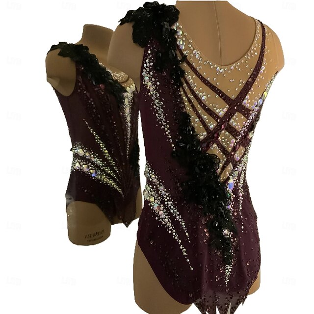 Rhythmic Gymnastics Leotard Women's Girls' Ice Skating Gymnastics Leotard Dark Purple Thumbhole Halo Dyeing High Elasticity Professional Competition Skating Wear Crystal / Rhinestone Sleeveless Ice Skating4