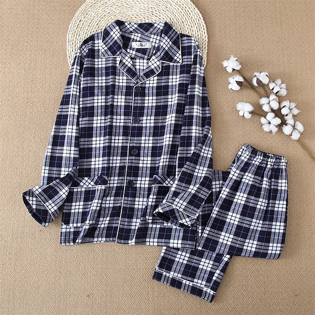  Herr Sovkläder Pyjamas set Pyjamastopp och byxa 1set Rutig Mode Stylish Klassisk Hem Dagligen Säng Bomull Komfort Mjuk Kavajslag Långärmad Cardigan Byxa Elastisk midja Vår Höst Vit + Svart Marinblå