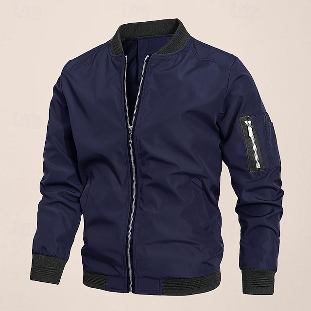  Men's Bomber Jacket Transition Jacket Going out Pocket All Seasons Plain Classic Stand Collar Regular Black Navy Blue Gray Jacket