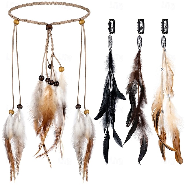  3-pack fjäderhårspännen och 1 boho fjäderhårband hippiehårförlängningar med klämma kam för kvinnor Mardi Gras cosplay kostym karneval fest huvudbonad tillbehör gåvor