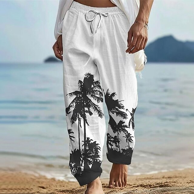 Men's Coconut Tree Tropical Plants Trousers Baggy Pants Casual Pants Mid Waist Hawaiian Vacation Holiday Beach Wear Drawstring Elastic Waist Wide Leg Summer Spring 3D Print White4