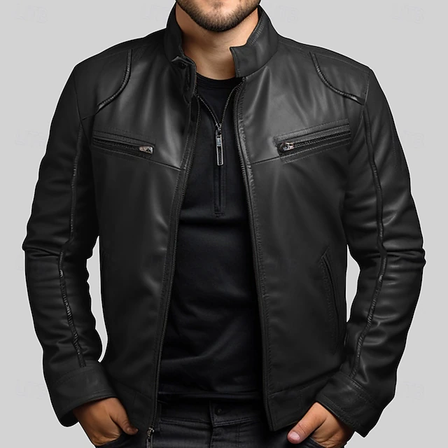 Men's Leather Jacket Transition Jacket Outdoor Windbreaker Pocket All Seasons Plain Streetwear Stand Collar Regular Faux Leather Black Brown Jacket 9