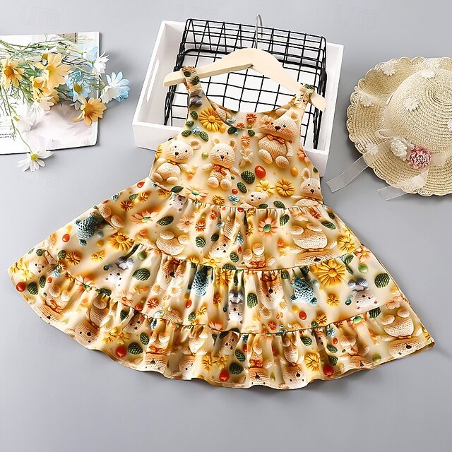 Kids Girls' Dress Flower Sleeveless Outdoor Ruched Adorable Viscose Fibre Knee-length Casual Dress Summer 4 years+ Yellow4