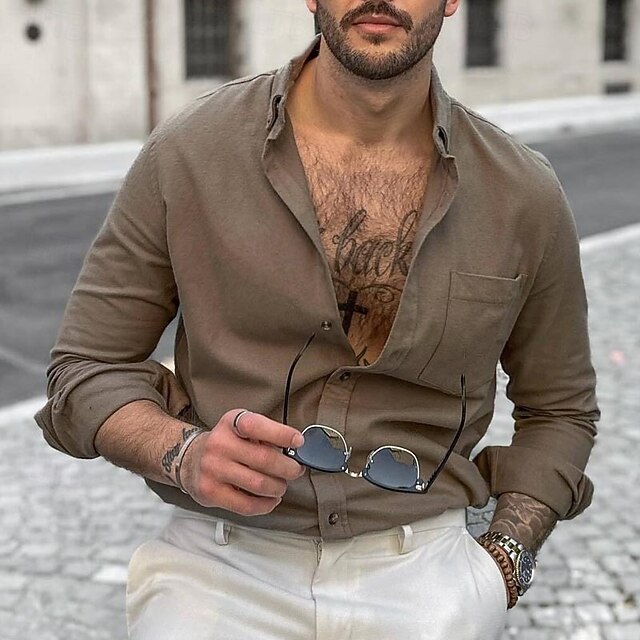 Men's Shirt Summer Shirt Casual Shirt Beach Shirt Button Up Shirt Brown Gray Long Sleeve Plain Lapel Vacation Hawaiian Pocket Clothing Apparel Polyester Fashion Casual Comfortable4