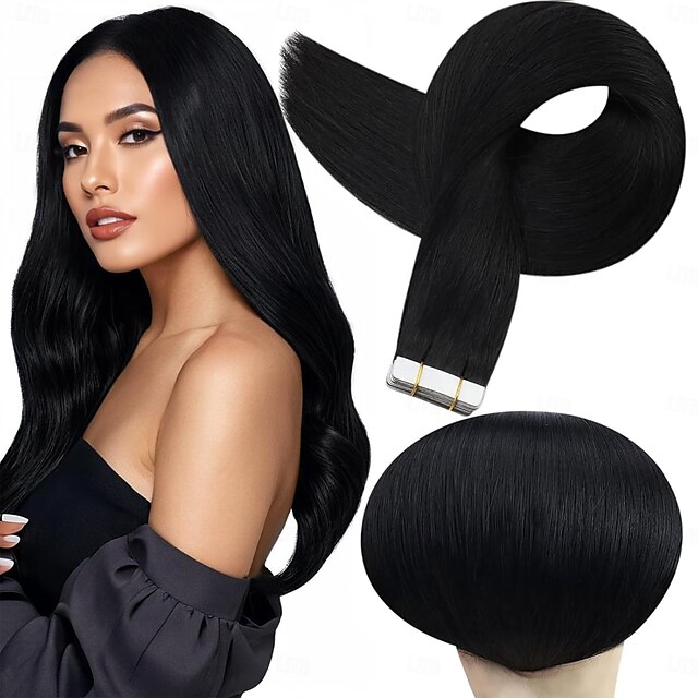  Extensions de cheveux humains Remy à bande adhésive noire, cheveux lisses et sans couture, 18 pouces, 50 g, 20 pièces