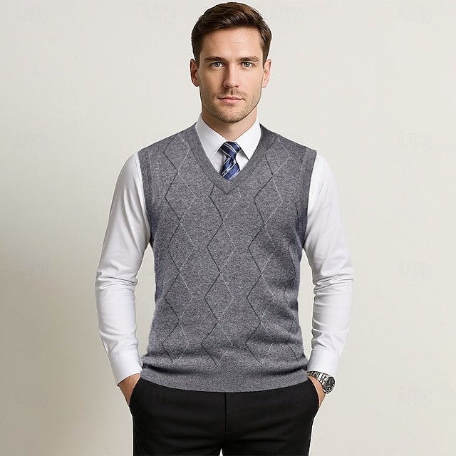  Herren Pullunder Stricken Jacquard Geometrisches Muster V Ausschnitt Täglich Westen Urlaub Heim Bekleidung Ärmellos Sommer Frühling Schwarz Khaki S M L