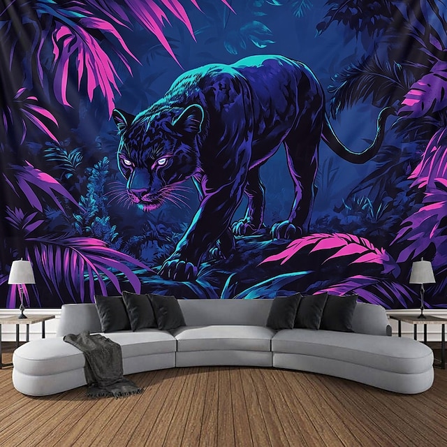  Blacklight Tapestry Glow in the Dark Glow Party UV Reactive Forest Animal Leopard Trippy Misty Nature Landscape Hanging Tapestry Wall Art Mural for Living Room Bedroom