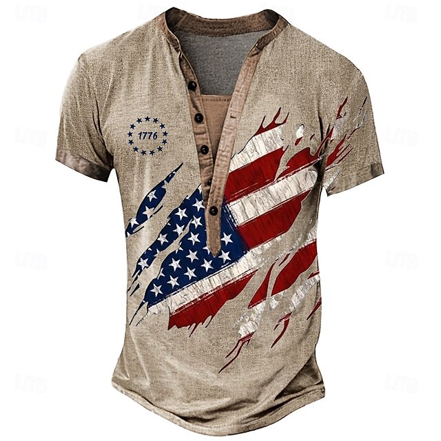 Men's American US Flag Stars and Stripes T Shirt Henley Shirt Tee Short Sleeve Designer Basic Classic Outdoor Casual Daily Summer Light Blue Khaki Gray Henley Henley T-Shirt4