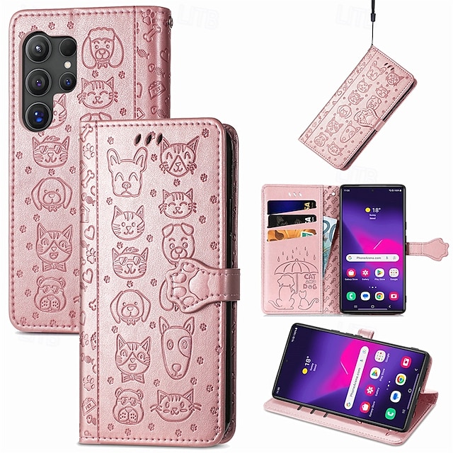  telefone Capinha Para Samsung Galaxy S25 Ultra S24 S23 S22 S21 Ultra Plus S24 FE A55 A35 A25 A15 5G Capa para Cartão Wallet Capa articulada com pulseira Antichoque Gato Cachorro TPU Couro PU