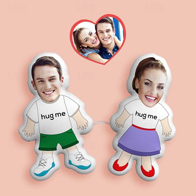 Custom Face Photo Pillow Couple Personalized Gift Toy Plush Doll Link with a Line Ideal Gift for Her Him Hug Me4