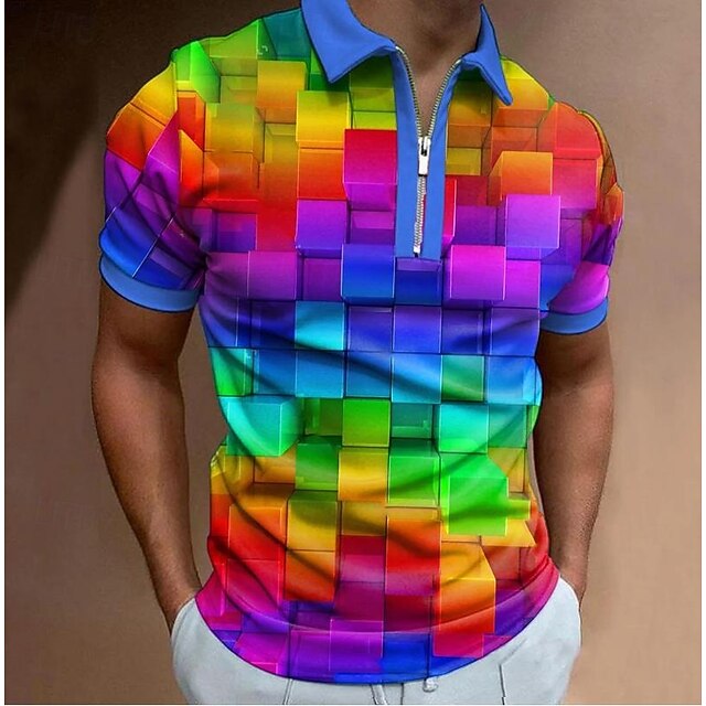 Men's Rainbow Grid Pattern Zip Polo Short Sleeve Turndown Casual Daily Modern Outdoor Sports & Outdoor Dailywear Zipper Summer Rainbow4