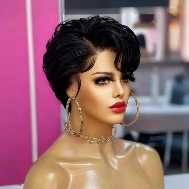  Perruque courte en cheveux humains avec dentelle frontale pour femmes noires, coupe Pixie, pré-épilée, avec cheveux de bébé