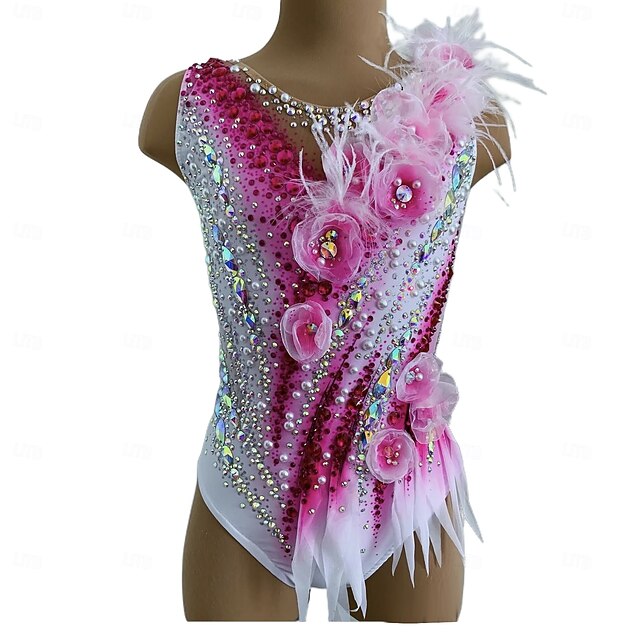Rhythmic Gymnastics Leotard Women's Girls' Ice Skating Gymnastics Leotard Peach Thumbhole Halo Dyeing High Elasticity Professional Competition Skating Wear Crystal / Rhinestone Sleeveless Ice Skating Figure4