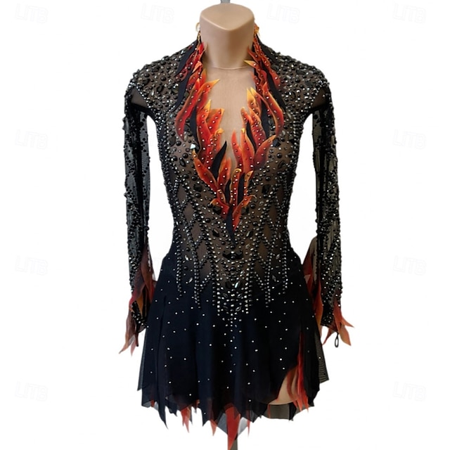  Kunstschaatsjurk Dames Voor meisjes Schaatsen Jurken Zwart / rood Lapwerk Open achterkant Netstof Hoge Elasticiteit Opleiding Wedstrijd Kunstschaatskleding Klassiek Kristal / Bergkristal Lange mouw