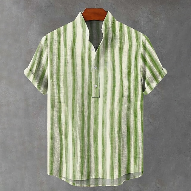  Homens Camisa de linho Camisa Popover camisa de verão Camisa casual Camisa Henley Listra Férias Casual Verde Manga Curta Colarinho Mandarim Verão Primavera Roupa