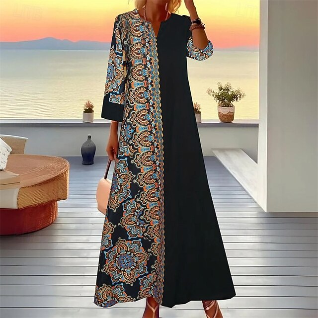 Women's Long Dress Maxi Dress Casual Dress Kaftan Dress Fashion Outdoor Party Holiday Regular Fit Geometric Short Sleeve V Neck Black Summer3