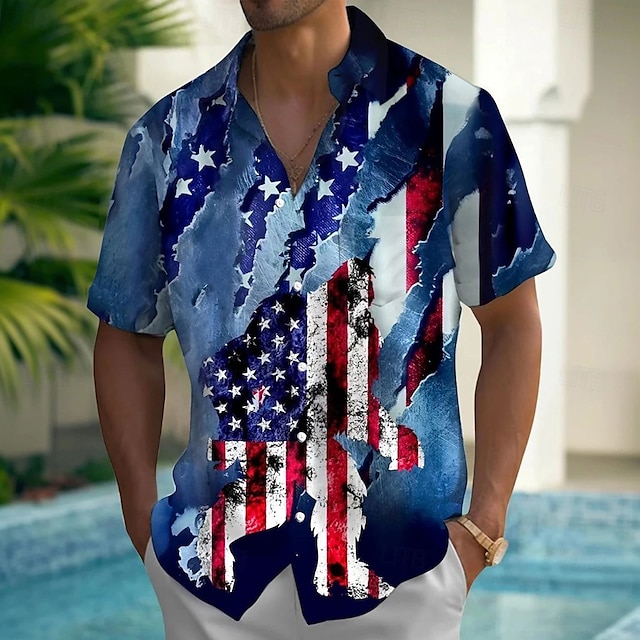  Independence Day Voor heren Amerikaanse Amerikaanse vlag Vaderlandslievend Vierde juli Overhemd Zomer overhemd Overhemd met knopen Korte mouw Mode-casual Feestdagen Zomer Lente Strijkijzer