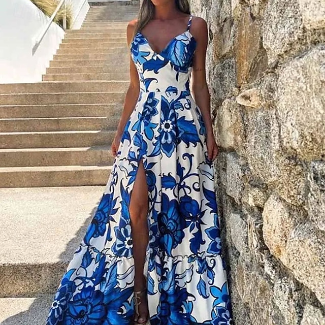  Per donna Abito Lungo Maxi Abito Abito da Ballo Vestito da Festa Elegante Moda Feste Occasione speciale Festa serale Vestibilità regolare Fiore Senza Maniche Spalline sottili Blu Estate